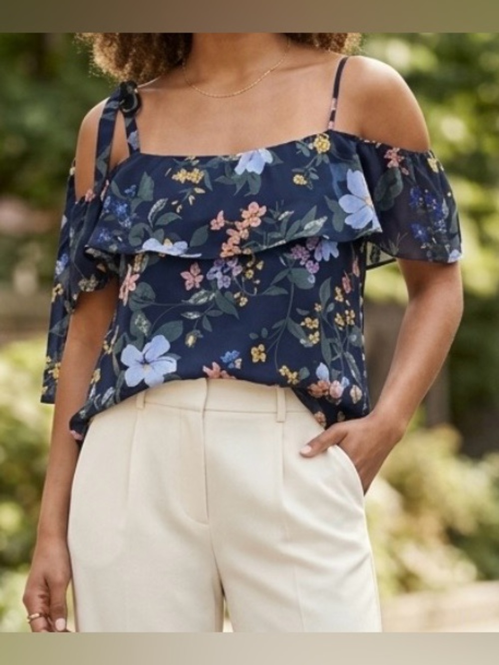 Club Monaco Silk One-Shoulder Floral Blouse Navy Large Romantic Quiet Luxury